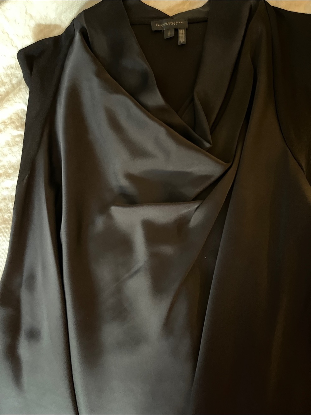 Donna Karin Black Draped Satin Blouse Short Sleeve Cowl neckline